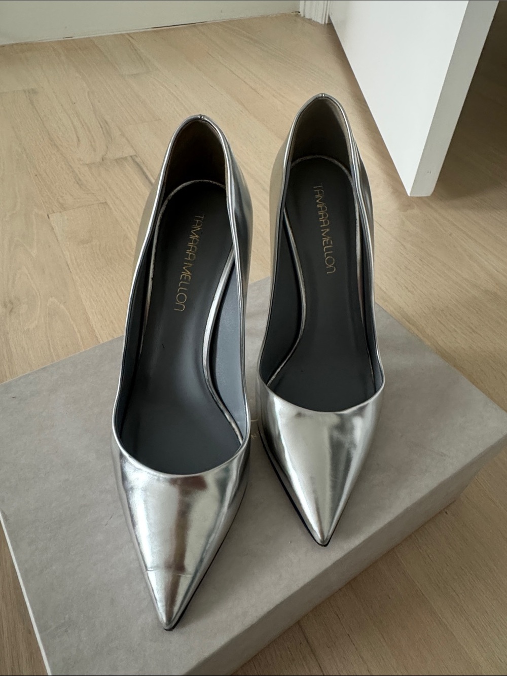 Tamara Mellon Metallic Silver Pointed Pumps